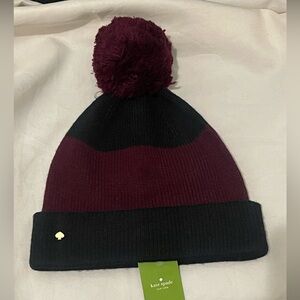 Kate Spade Midnight Wine Pom Pom Knit Color Block Beanie OS NWT